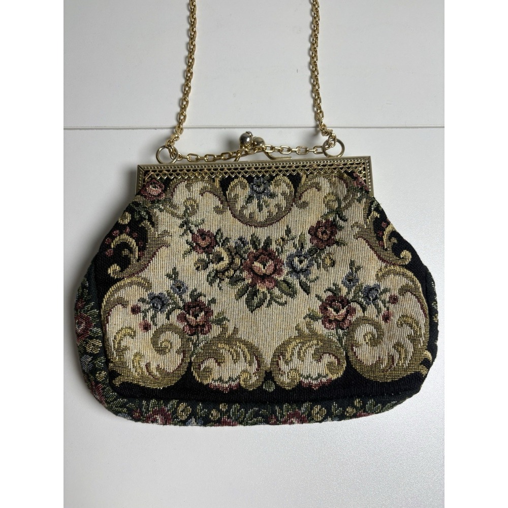 Vintage Made in Italy Floral Tapestry Evening Bag Gold Chain Kiss Lock Purse